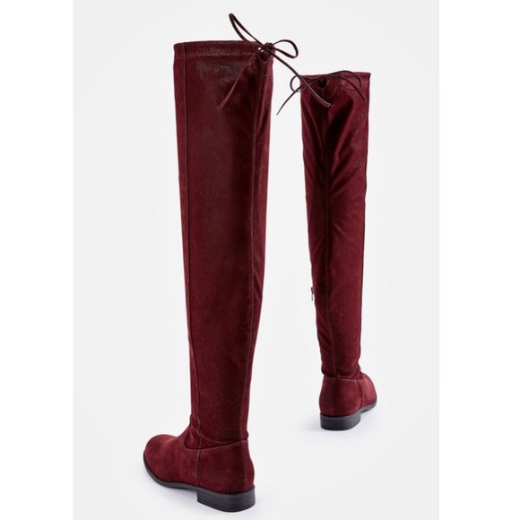 Burgundy over the knee flat suede boots - Picture 2 of 5